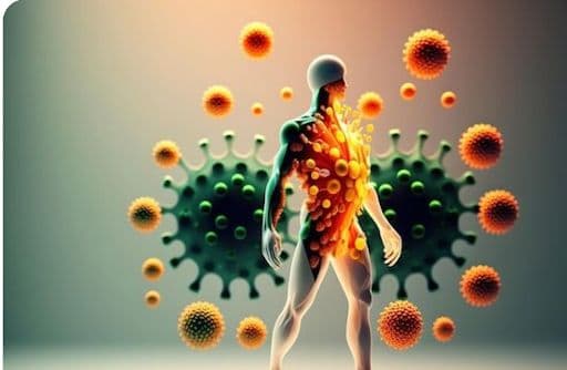 A rendering of a person surrounded by atom visualizations