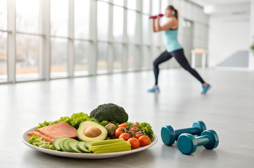 A woman is doing exercise while drinking a water bottle and there are vegetables and weights in front of the camera.