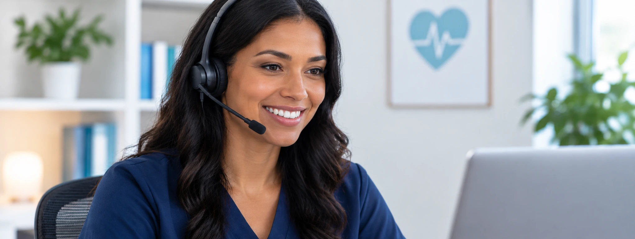 Smiling clinical support nurse on a video call